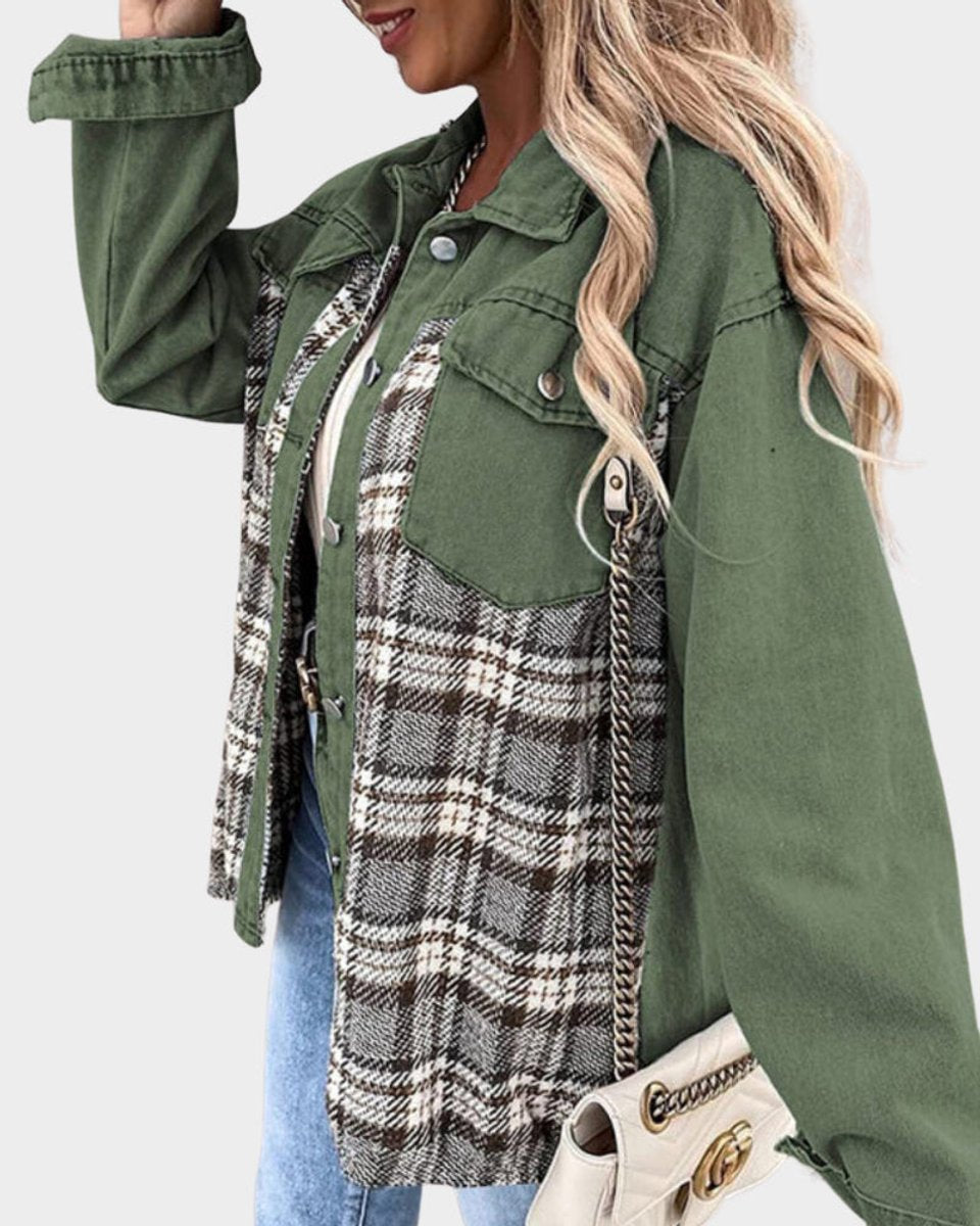 Women's Plaid Panel Oversized Button-Up Denim Jacket