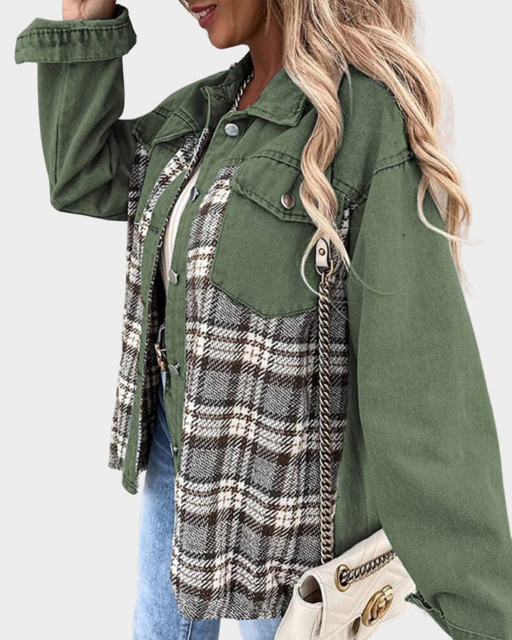 Women's Plaid Panel Oversized Button-Up Denim Jacket