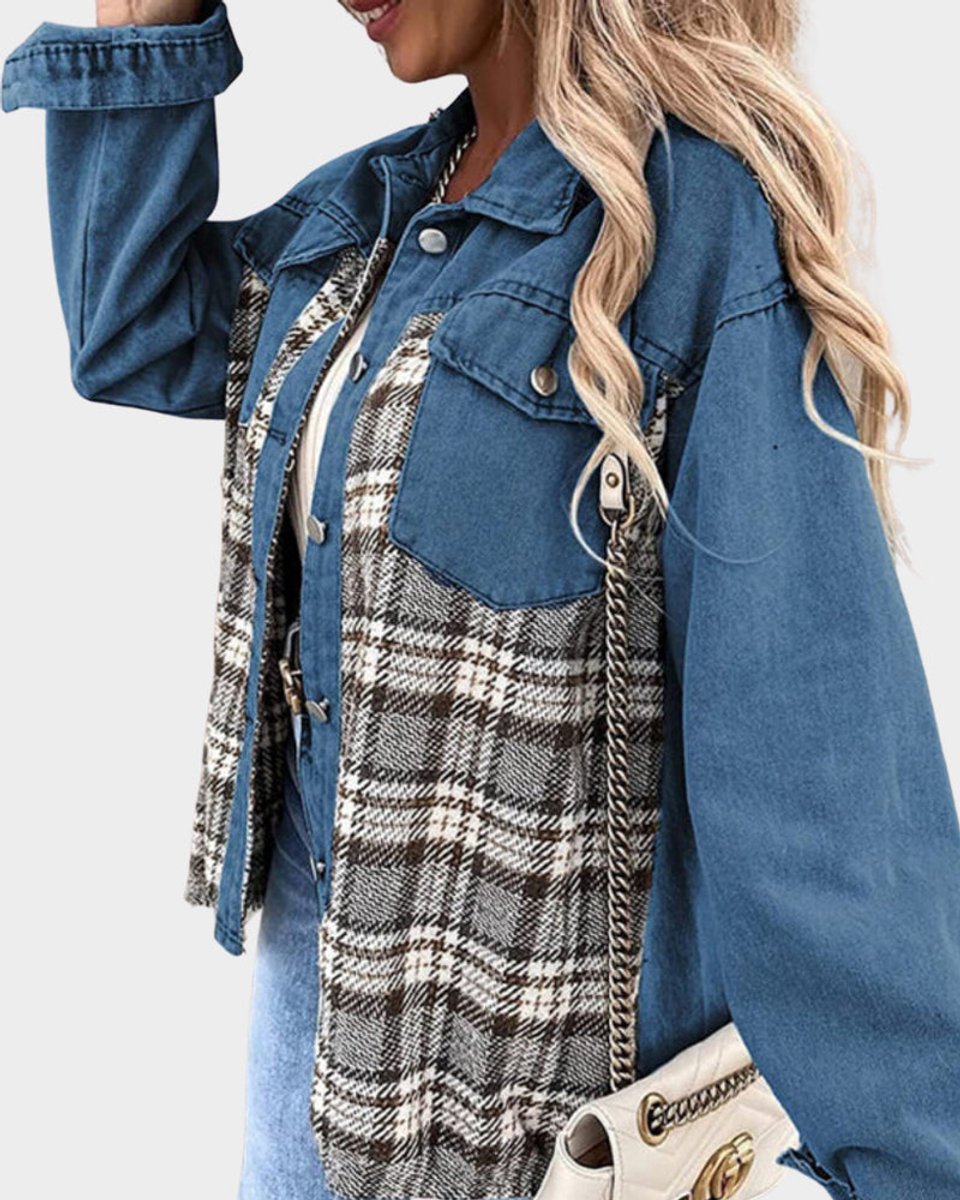 Women's Plaid Panel Oversized Button-Up Denim Jacket