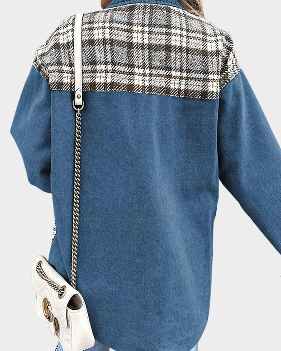 Women's Plaid Panel Oversized Button-Up Denim Jacket