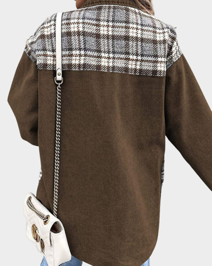 Women's Plaid Panel Oversized Button-Up Denim Jacket