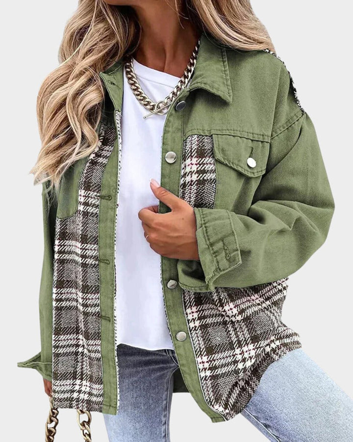 Women's Plaid Panel Oversized Button-Up Denim Jacket
