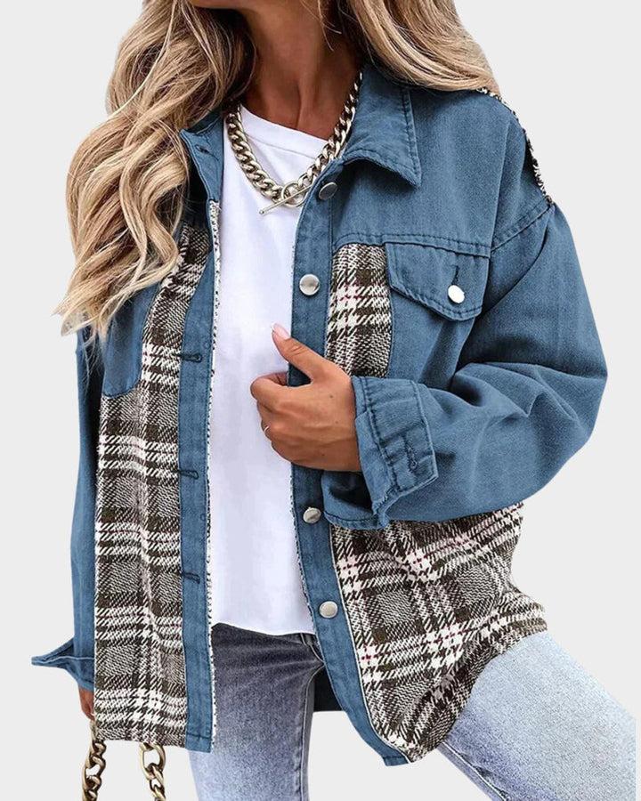 Women's Plaid Panel Oversized Button-Up Denim Jacket