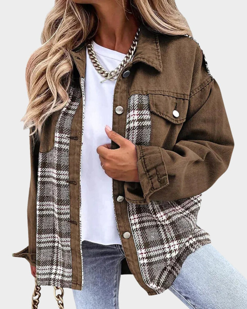 Women's Plaid Panel Oversized Button-Up Denim Jacket