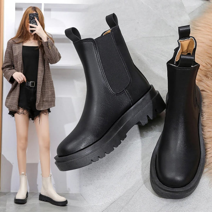 Women's Platform Chelsea Ankle Boots Elastic Side-Panel Pull-On