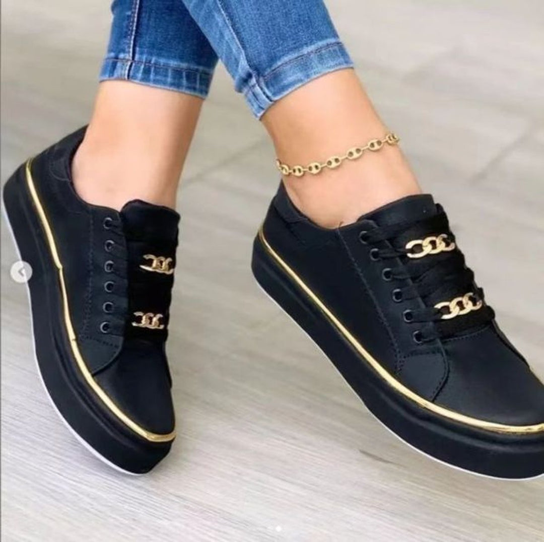 Women's Platform Lace-Up Gold Chain Ankle Boots Sneakers