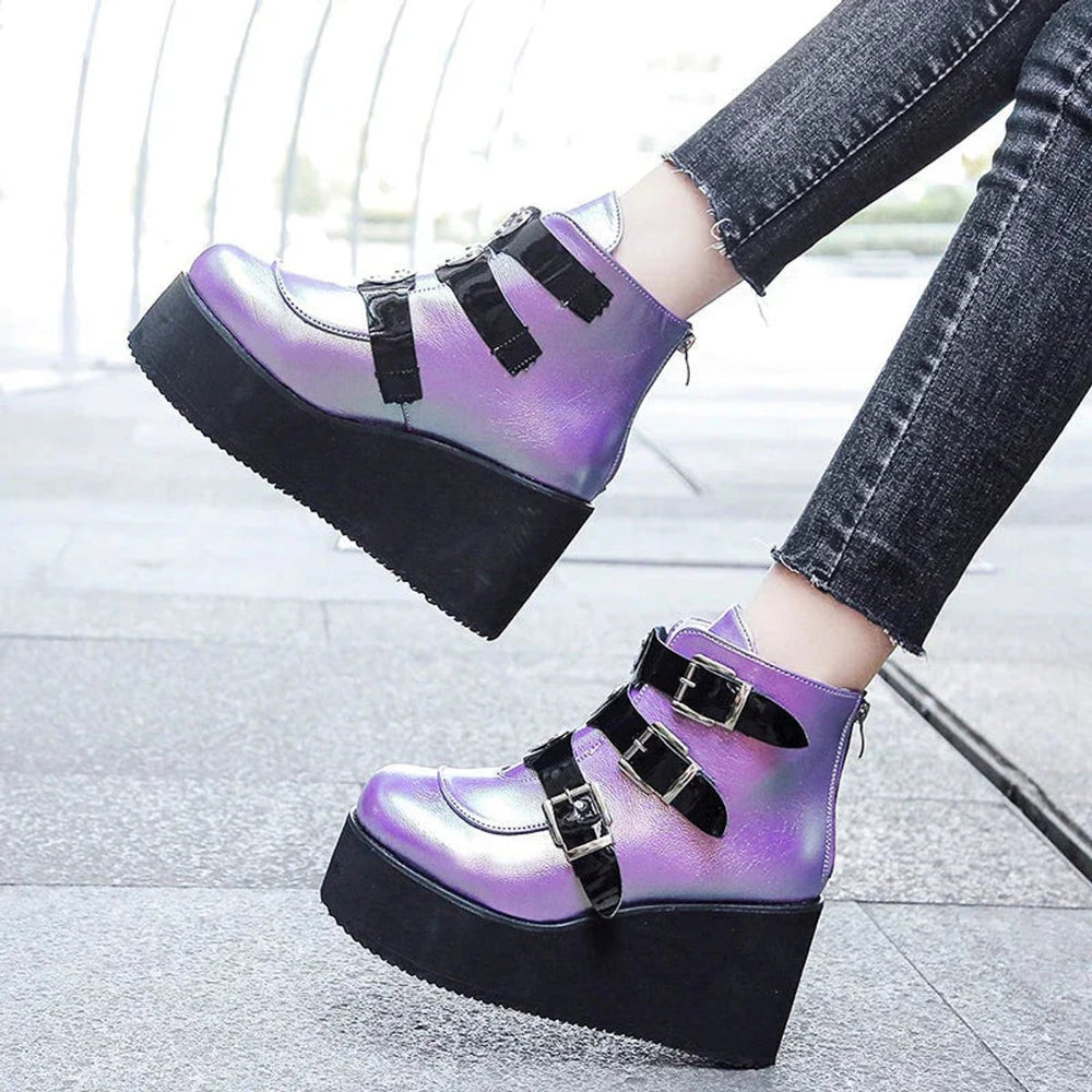 Women's Platform Wedge Buckle Strap Ankle Boots