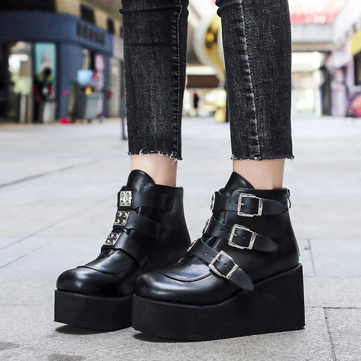 Women's Platform Wedge Buckle Strap Ankle Boots