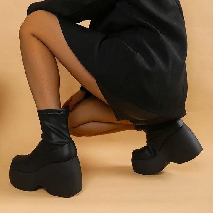 Women's Platform Wedge Stretch PU Leather Ankle Boots