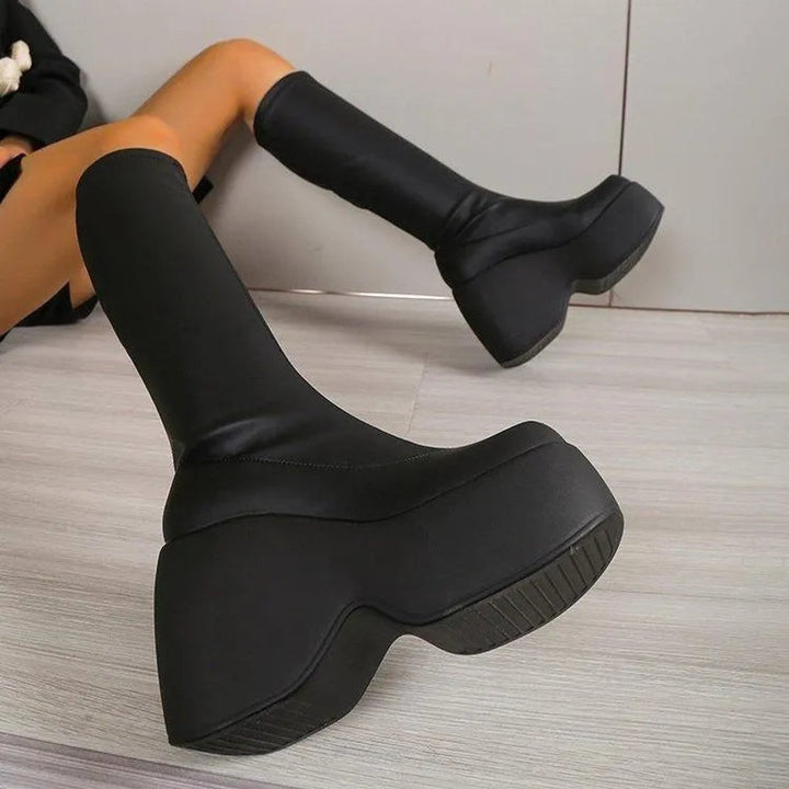 Women's Platform Wedge Stretch PU Leather Ankle Boots