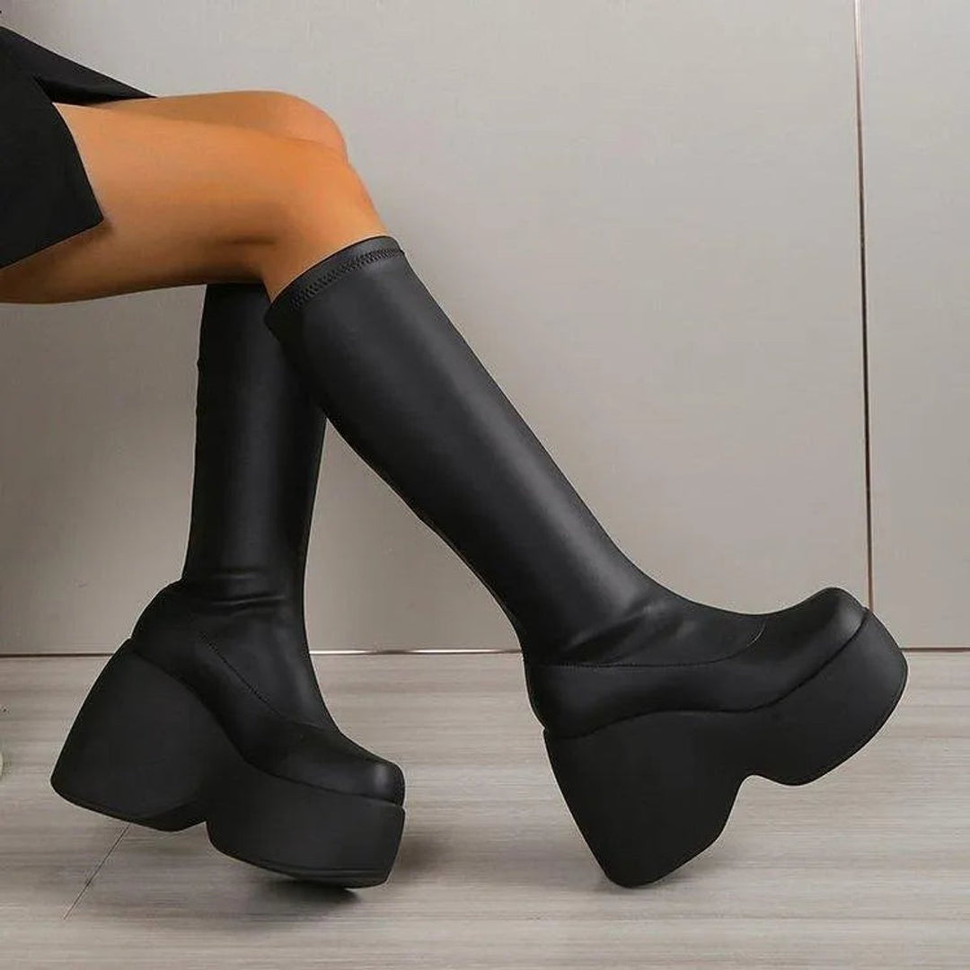 Women's Platform Wedge Stretch PU Leather Ankle Boots