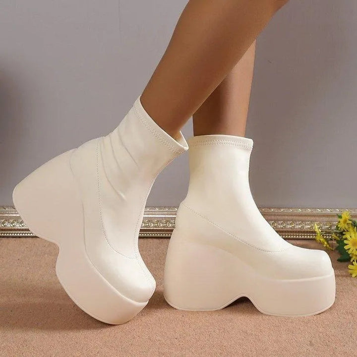 Women's Platform Wedge Stretch PU Leather Ankle Boots