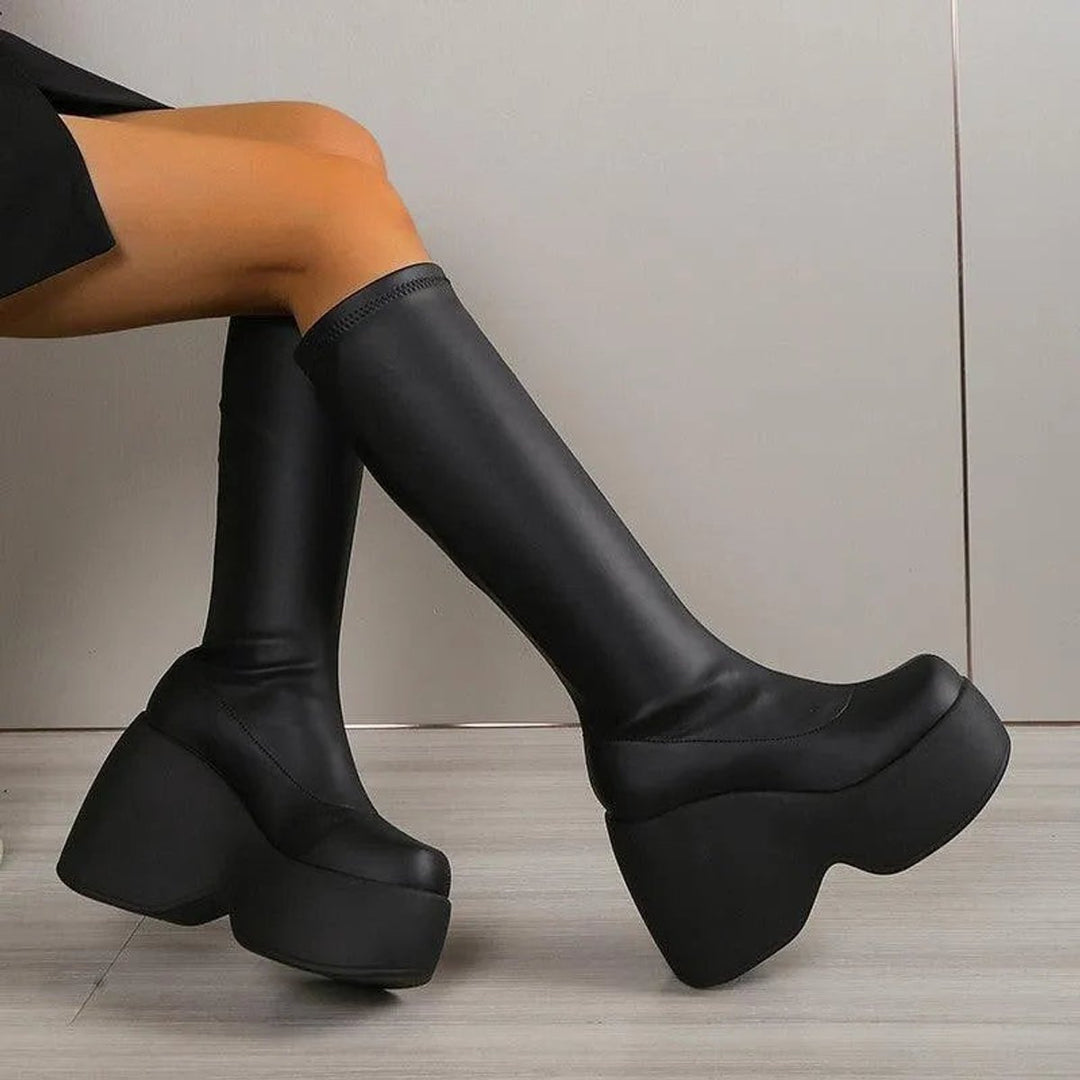 Women's Platform Wedge Stretch PU Leather Ankle Boots