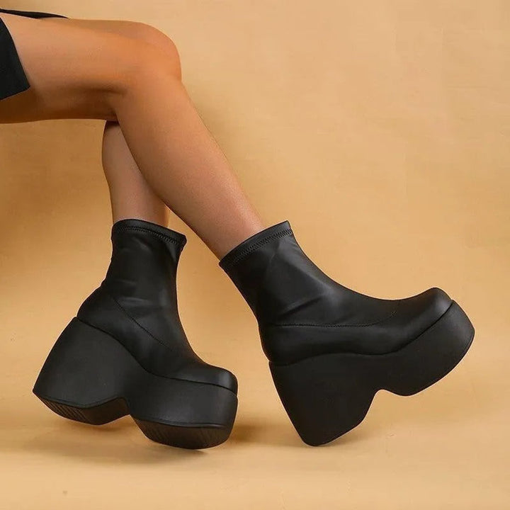 Women's Platform Wedge Stretch PU Leather Ankle Boots