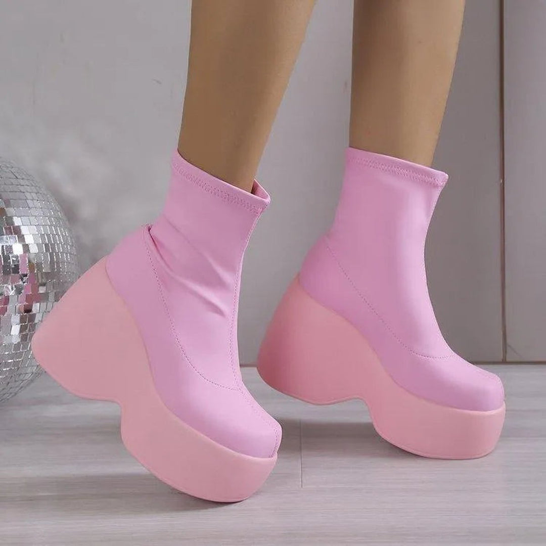 Women's Platform Wedge Stretch PU Leather Ankle Boots