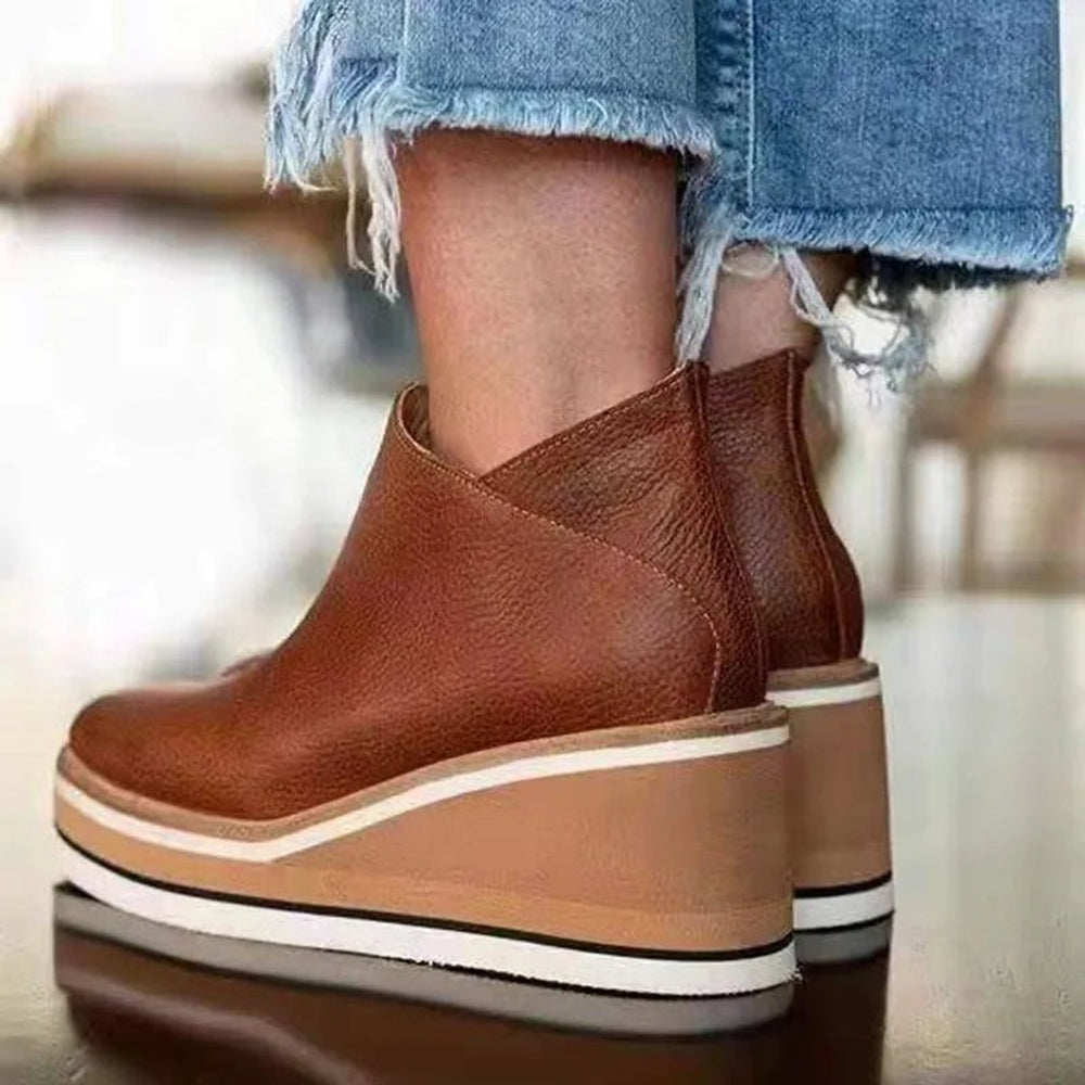 Women's Platform Wedge Zip-Up Round Toe Ankle Boots