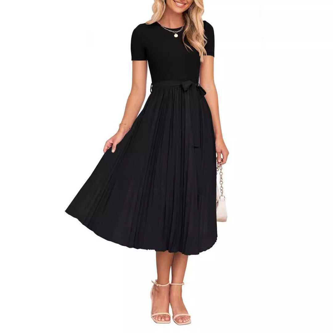 Women's Pleated A-Line Short Sleeve Belted Fall Midi Dress