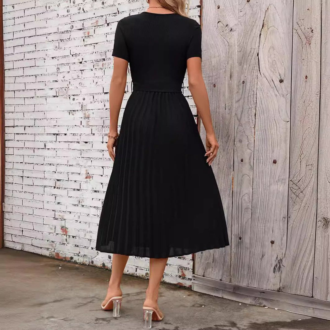 Women's Pleated A-Line Short Sleeve Belted Fall Midi Dress