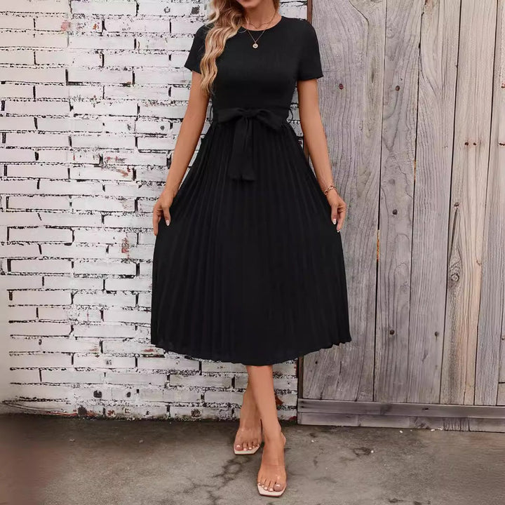Women's Pleated A-Line Short Sleeve Belted Fall Midi Dress