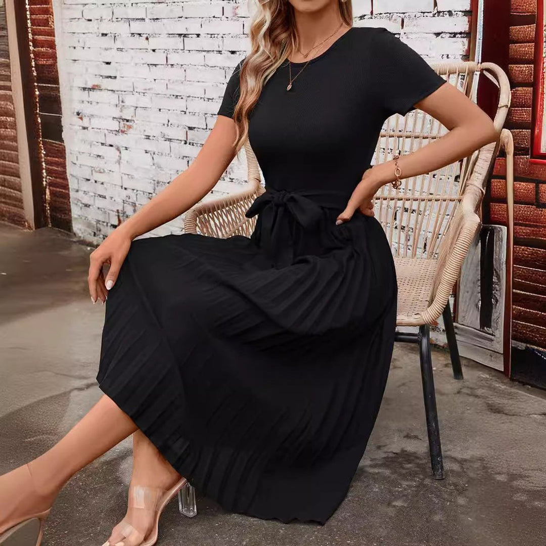 Women's Pleated A-Line Short Sleeve Belted Fall Midi Dress