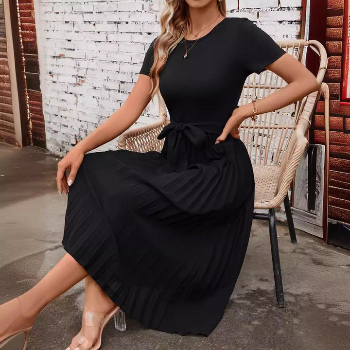 Women's Pleated A-Line Short Sleeve Belted Fall Midi Dress