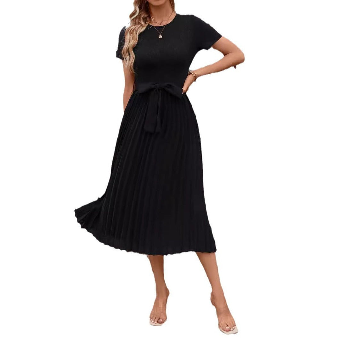 Women's Pleated A-Line Short Sleeve Belted Fall Midi Dress