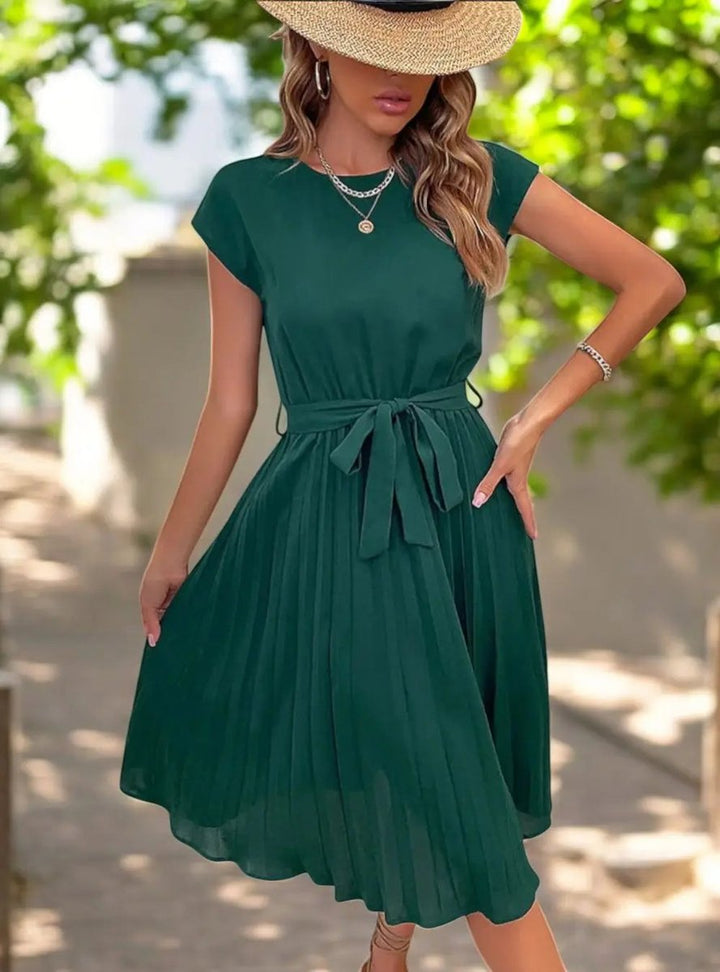 Women's Pleated Belted Cap-Sleeve Fall Midi Dress