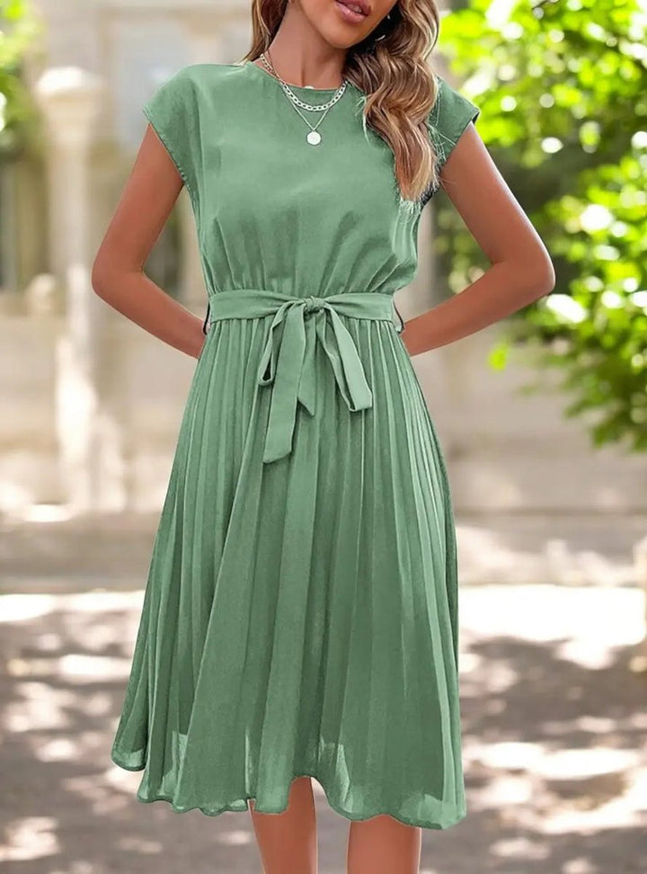 Women's Pleated Belted Cap-Sleeve Fall Midi Dress