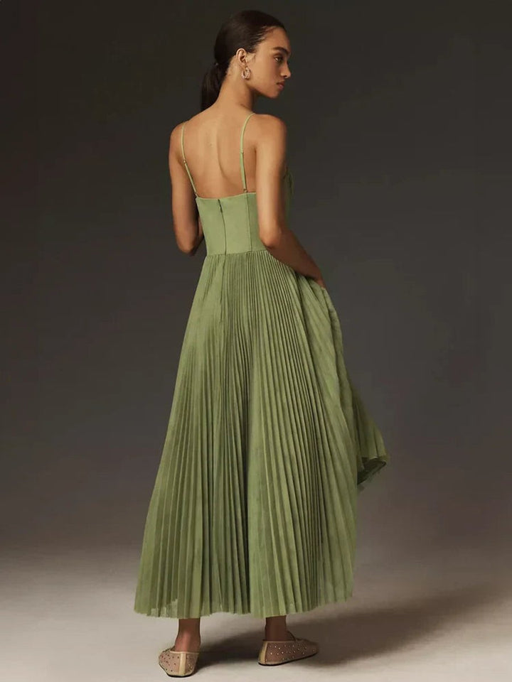 Women's Pleated Corset Fall Midi Dress Spaghetti Strap