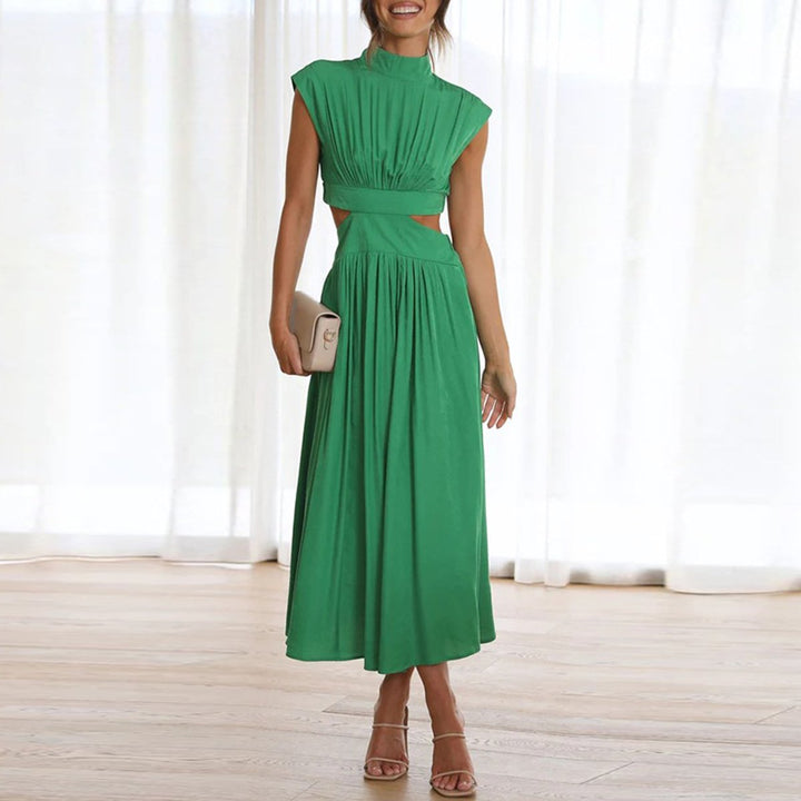 Women's Pleated Cut-Out Sleeveless Fall Midi Dress Mock Neck