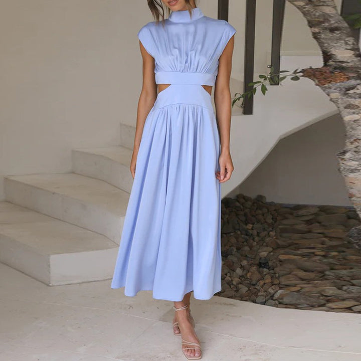 Women's Pleated Cut-Out Sleeveless Fall Midi Dress Mock Neck