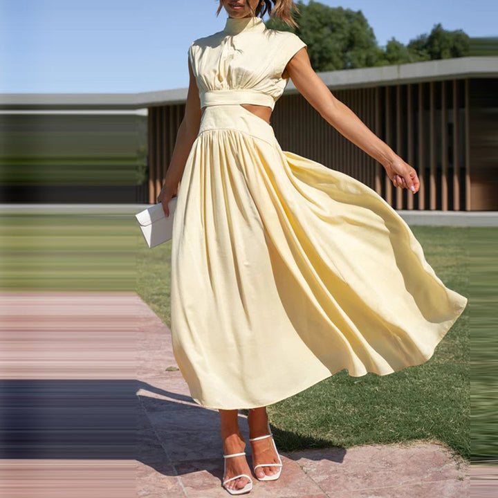 Women's Pleated Cut-Out Sleeveless Fall Midi Dress Mock Neck