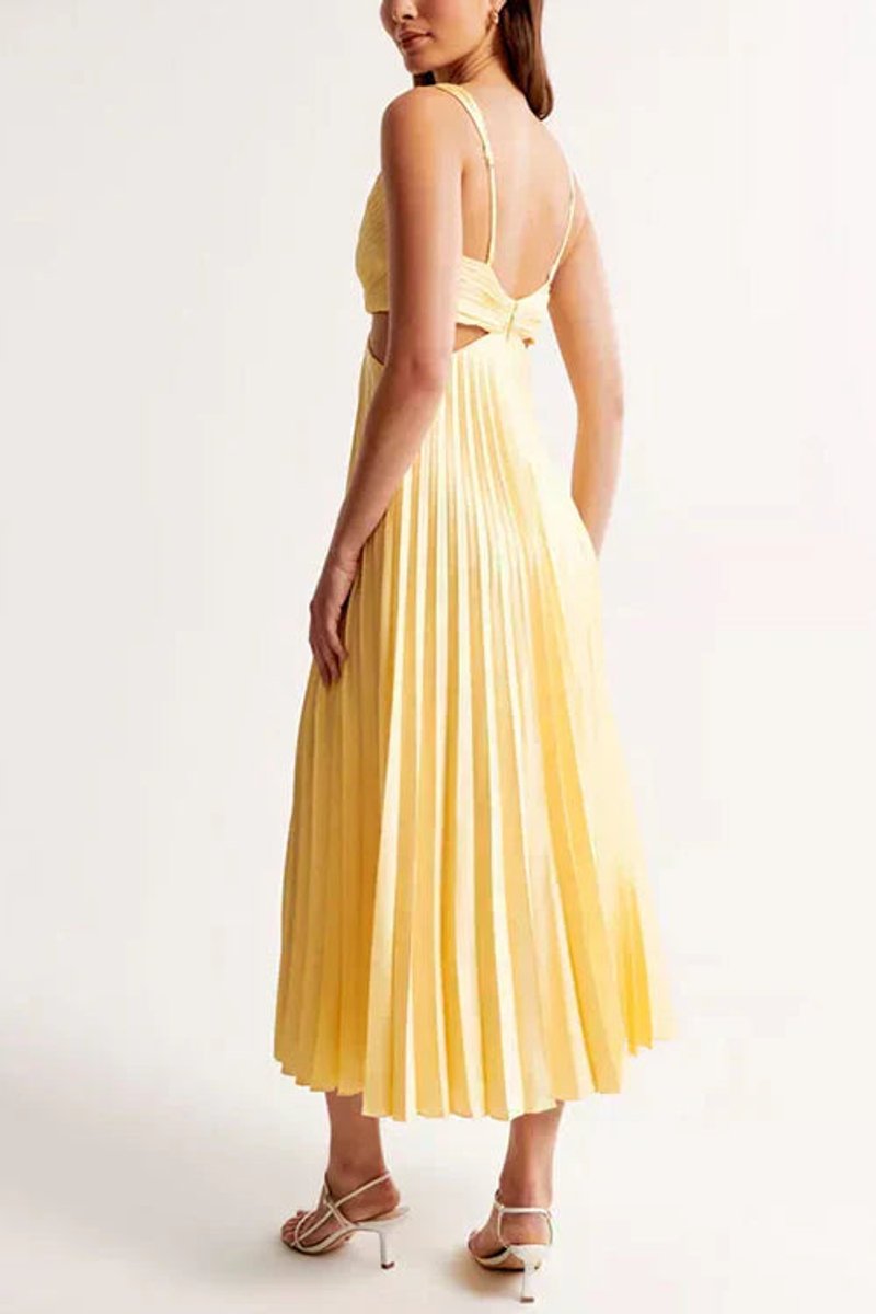 Women's Pleated Cutout Backless Fall Midi Dress