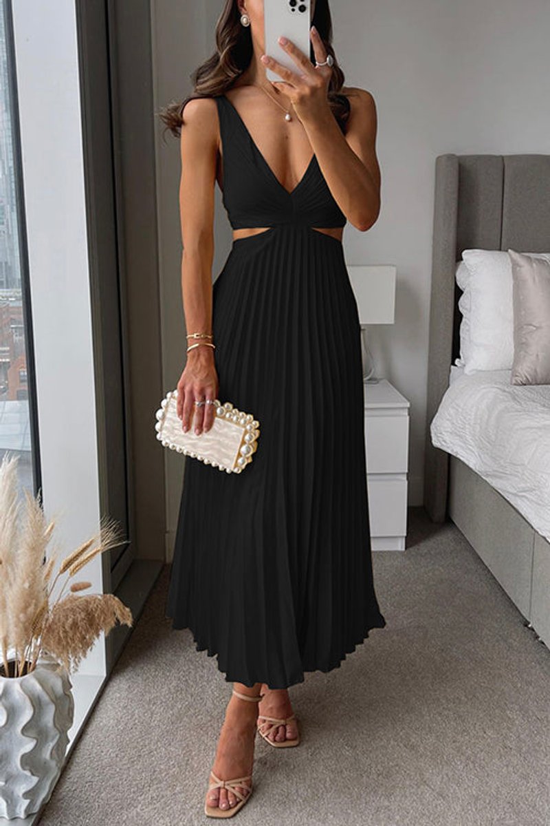 Women's Pleated Cutout Backless Fall Midi Dress