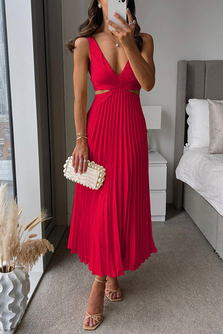 Women's Pleated Cutout Backless Fall Midi Dress
