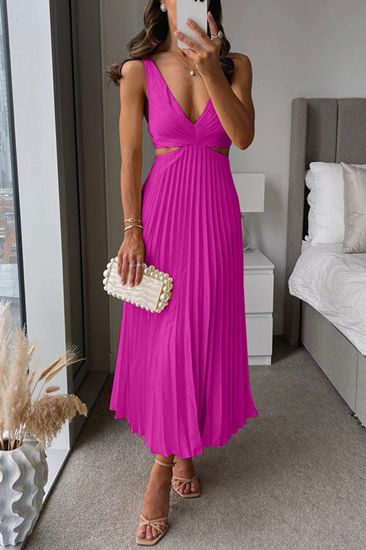 Women's Pleated Cutout Backless Fall Midi Dress