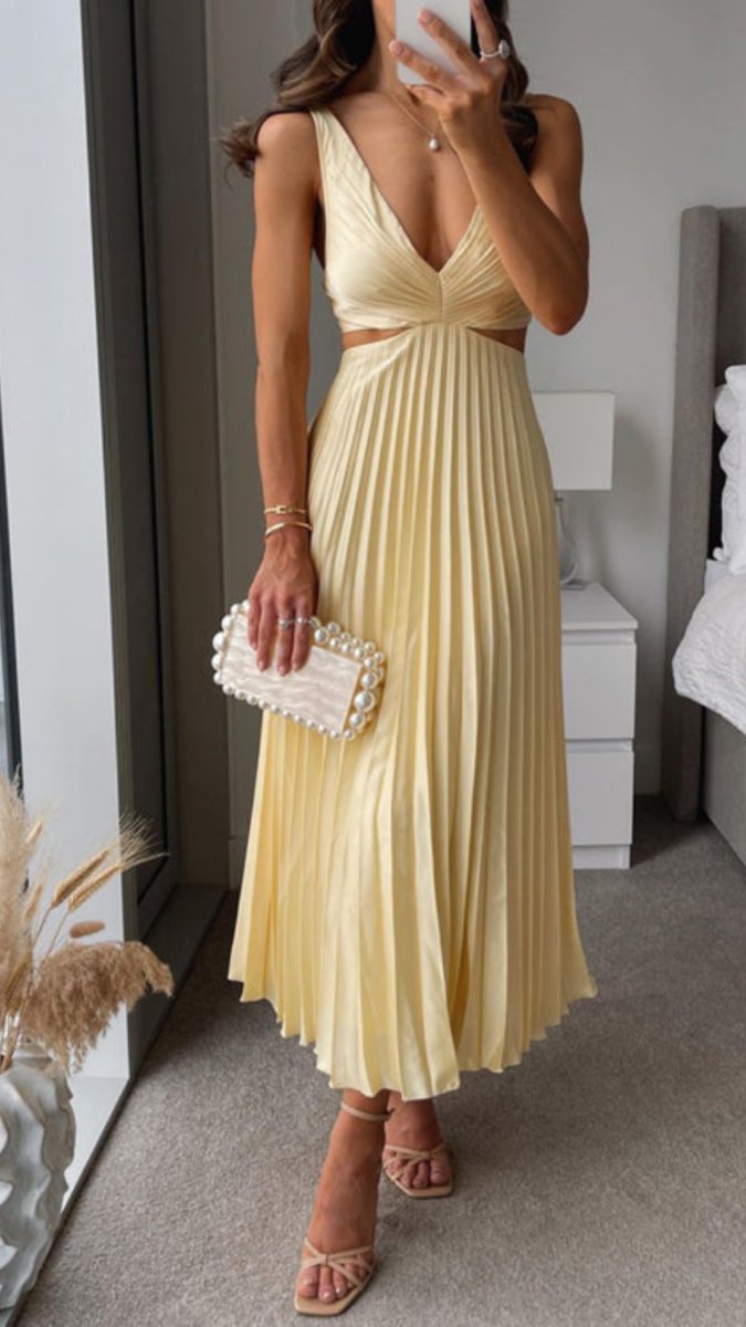 Women's Pleated Cutout Fall Midi Dress Deep V-Neck
