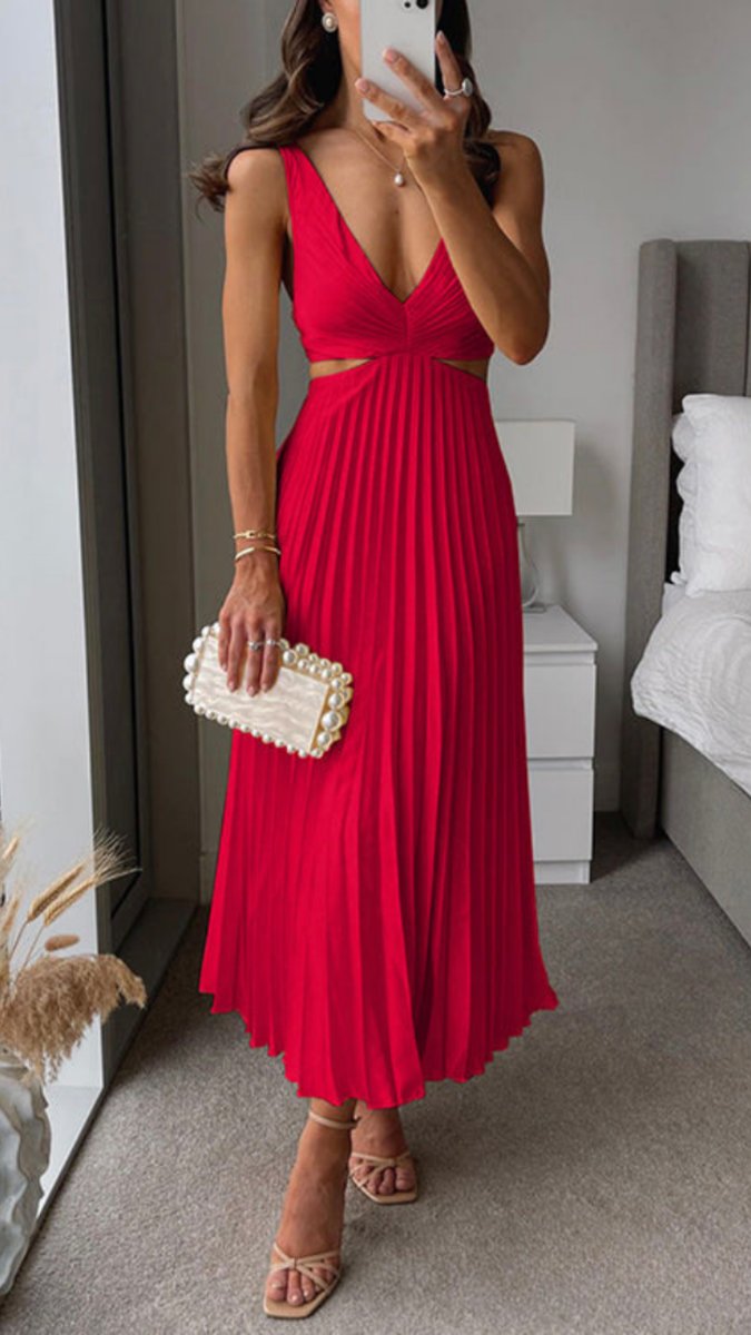 Women's Pleated Cutout Fall Midi Dress Deep V-Neck