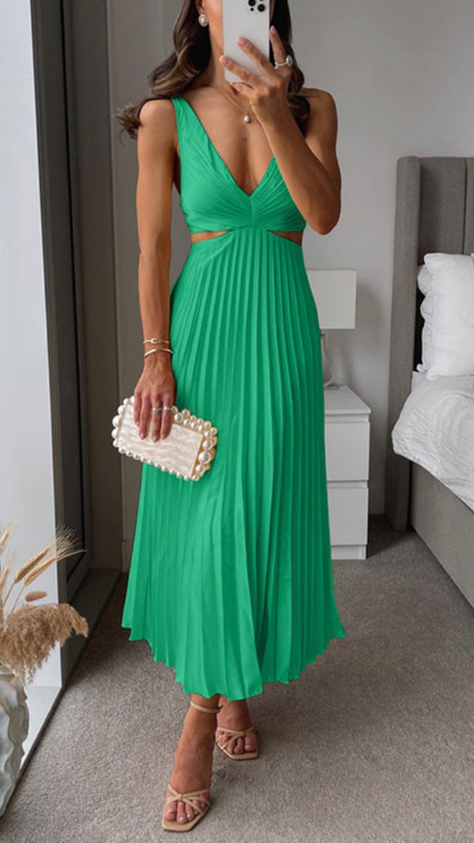 Women's Pleated Cutout Fall Midi Dress Deep V-Neck