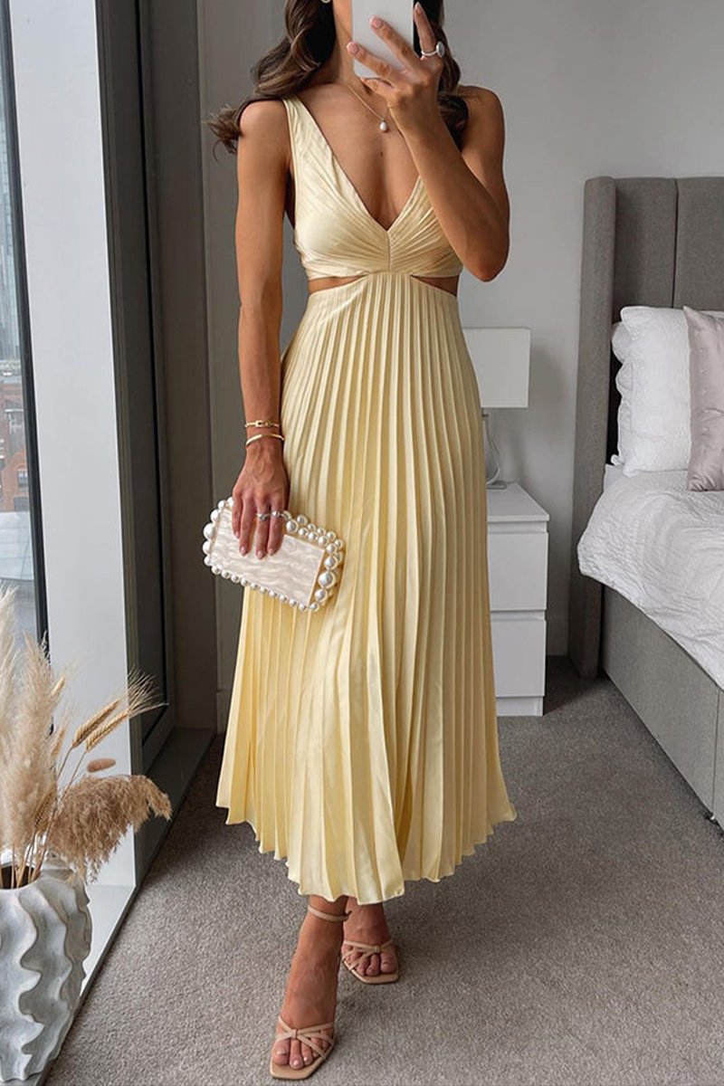 Women's Pleated Cutout Waist V-Neck Fall Midi Dress