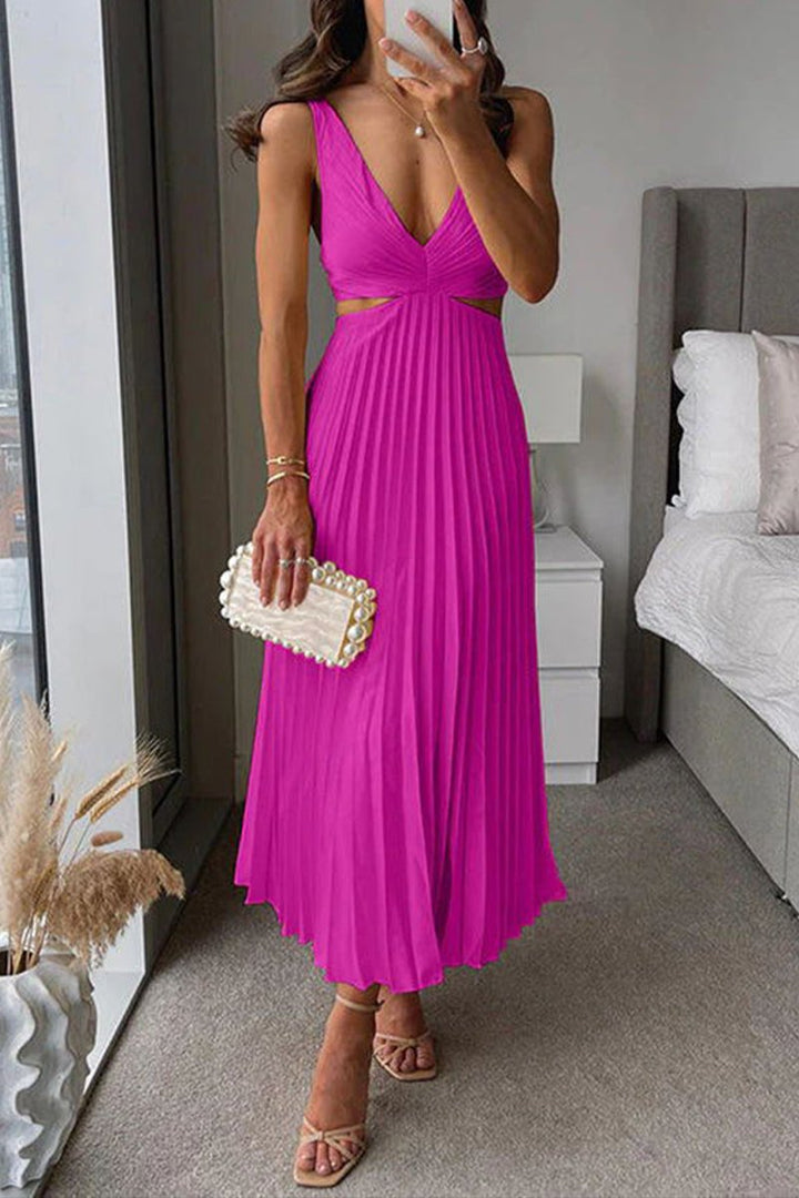 Women's Pleated Cutout Waist V-Neck Fall Midi Dress