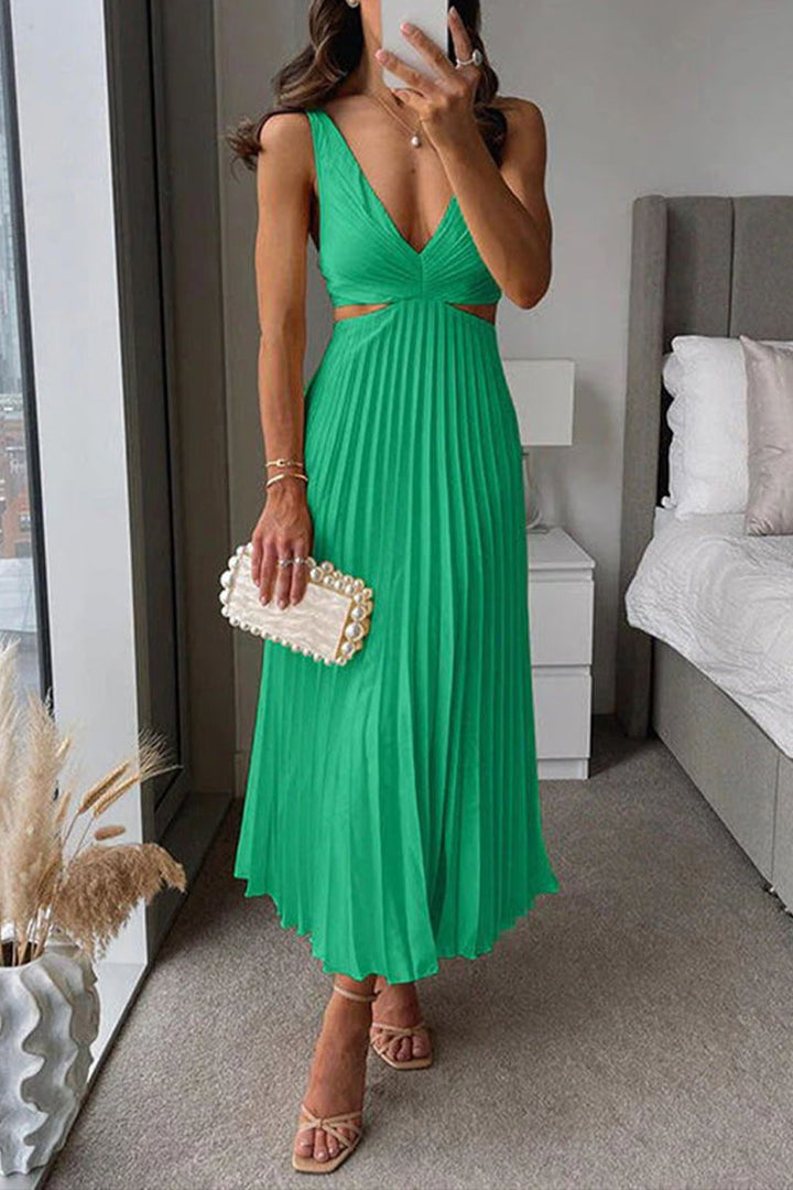 Women's Pleated Cutout Waist V-Neck Fall Midi Dress