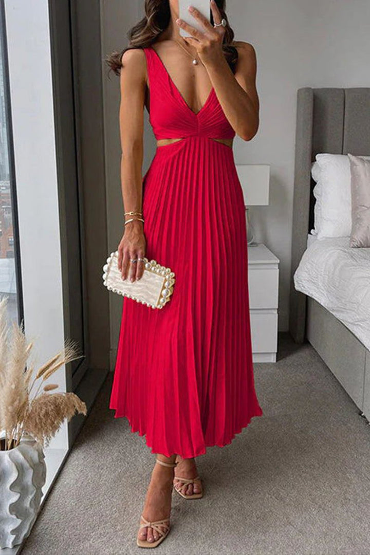 Women's Pleated Cutout Waist V-Neck Fall Midi Dress