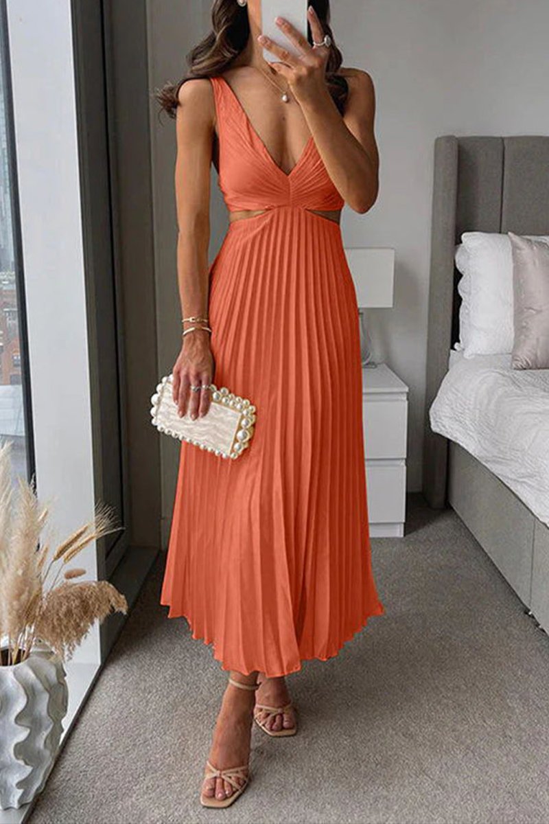 Women's Pleated Cutout Waist V-Neck Fall Midi Dress