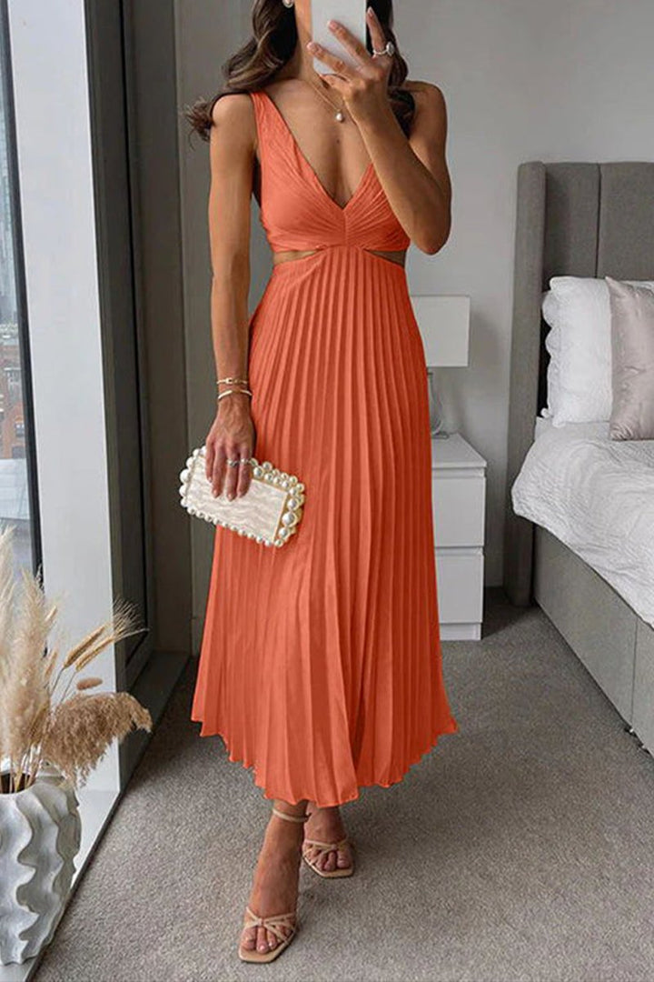 Women's Pleated Cutout Waist V-Neck Fall Midi Dress