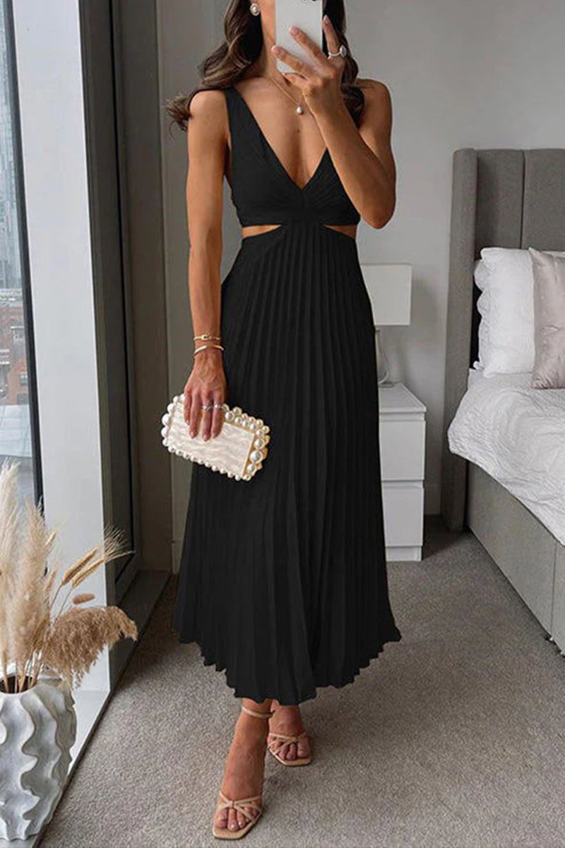 Women's Pleated Cutout Waist V-Neck Fall Midi Dress