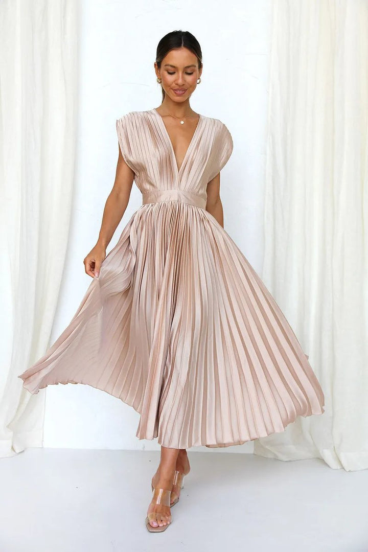 Women's Pleated Deep V-Neck Fall Midi Dress Flowy Satin