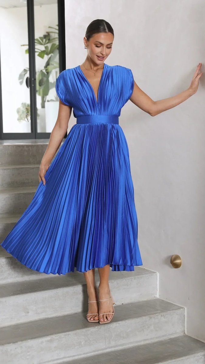 Women's Pleated Deep V-Neck Fall Midi Dress Flowy Satin