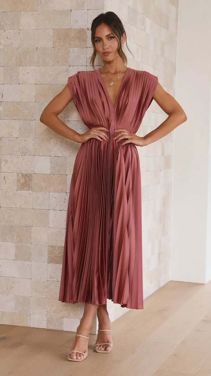 Women's Pleated Deep V-Neck Fall Midi Dress Flowy Satin