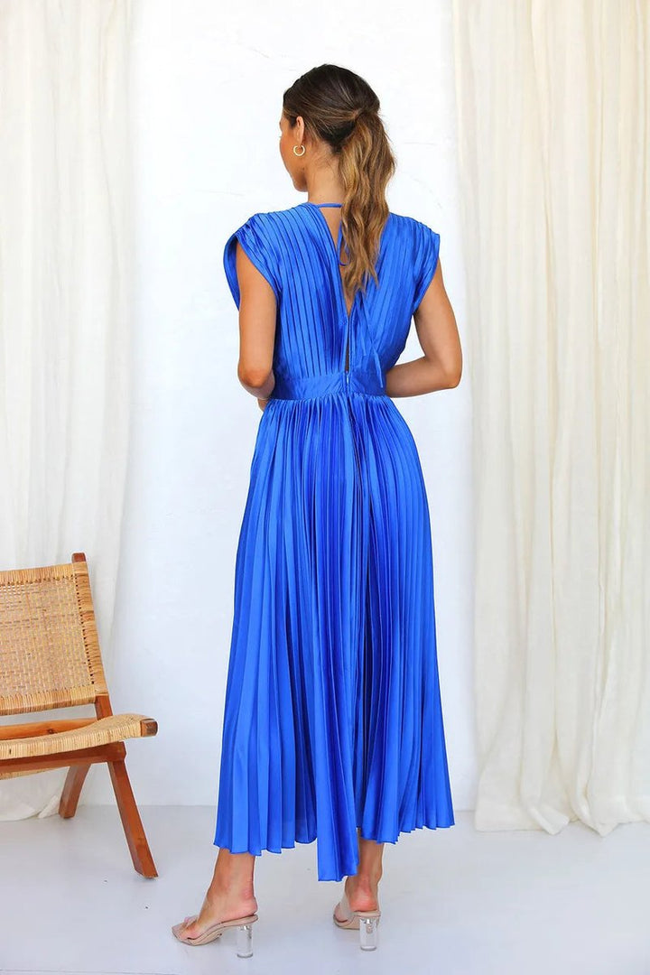 Women's Pleated Deep V-Neck Fall Midi Dress Flowy Satin
